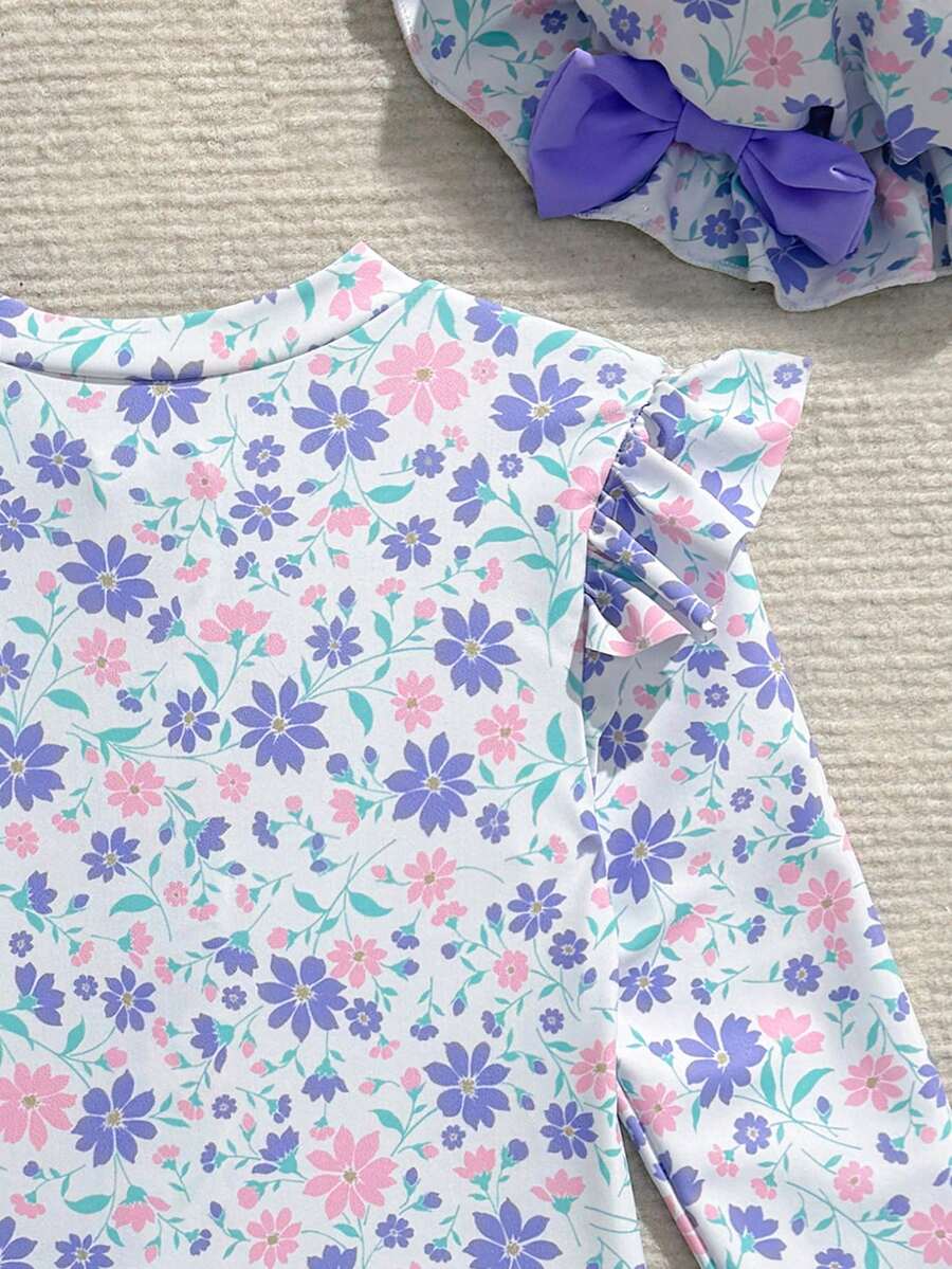 Baby Girls Floral Ruffle Long Sleeve Swimsuit With Hat Tropical Beachwear Set