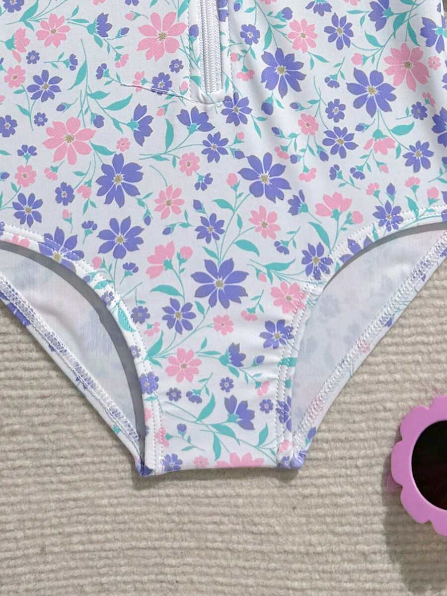 Baby Girls Floral Ruffle Long Sleeve Swimsuit With Hat Tropical Beachwear Set
