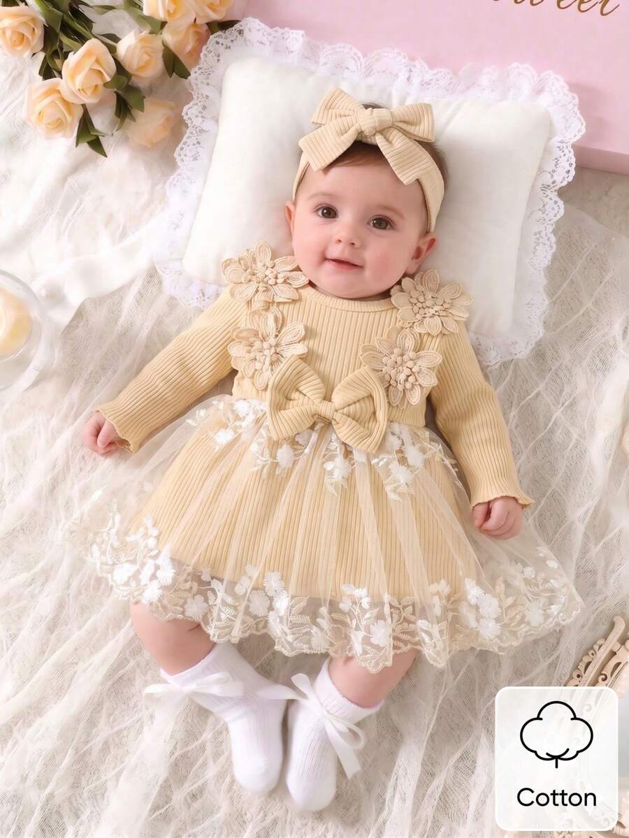 Baby Embroidered Mesh Dress and Headband Set for Elegant Outdoor Photoshoots and Special Occasions
