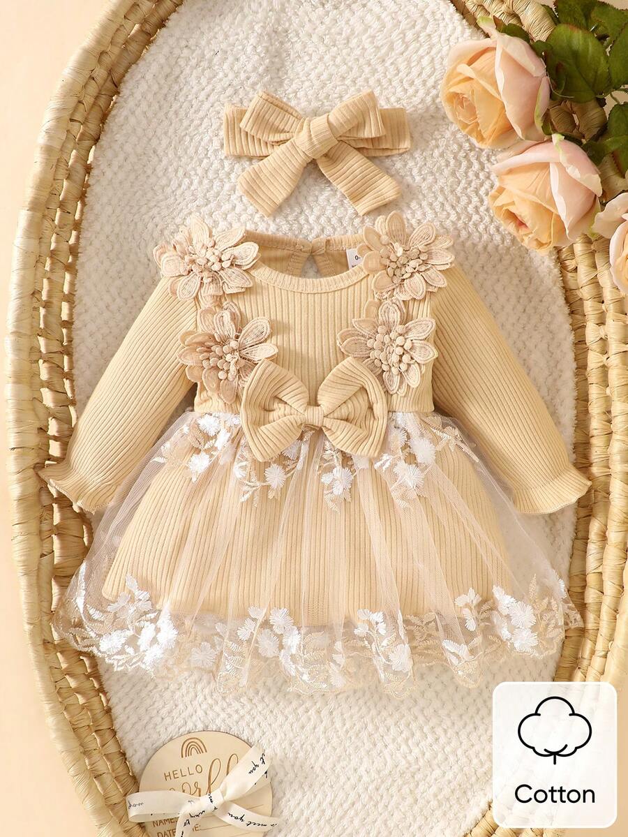 Baby Embroidered Mesh Dress and Headband Set for Elegant Outdoor Photoshoots and Special Occasions