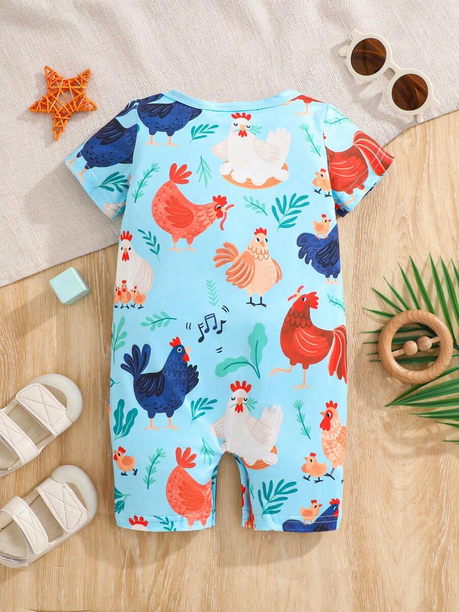 Unisex Newborn Baby Farm Animal Chicken Print Short Sleeve Romper Country Style Outfit