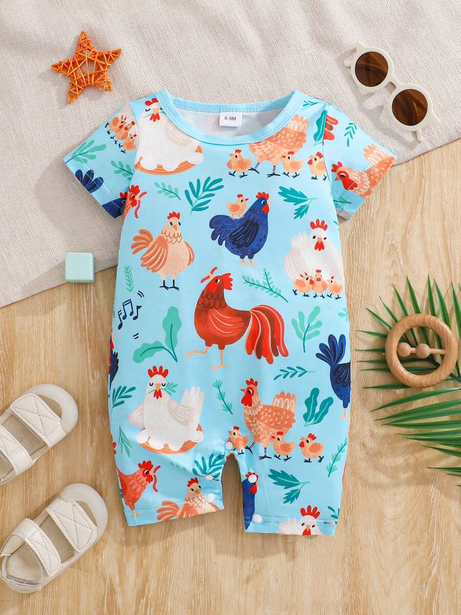 Unisex Newborn Baby Farm Animal Chicken Print Short Sleeve Romper Country Style Outfit