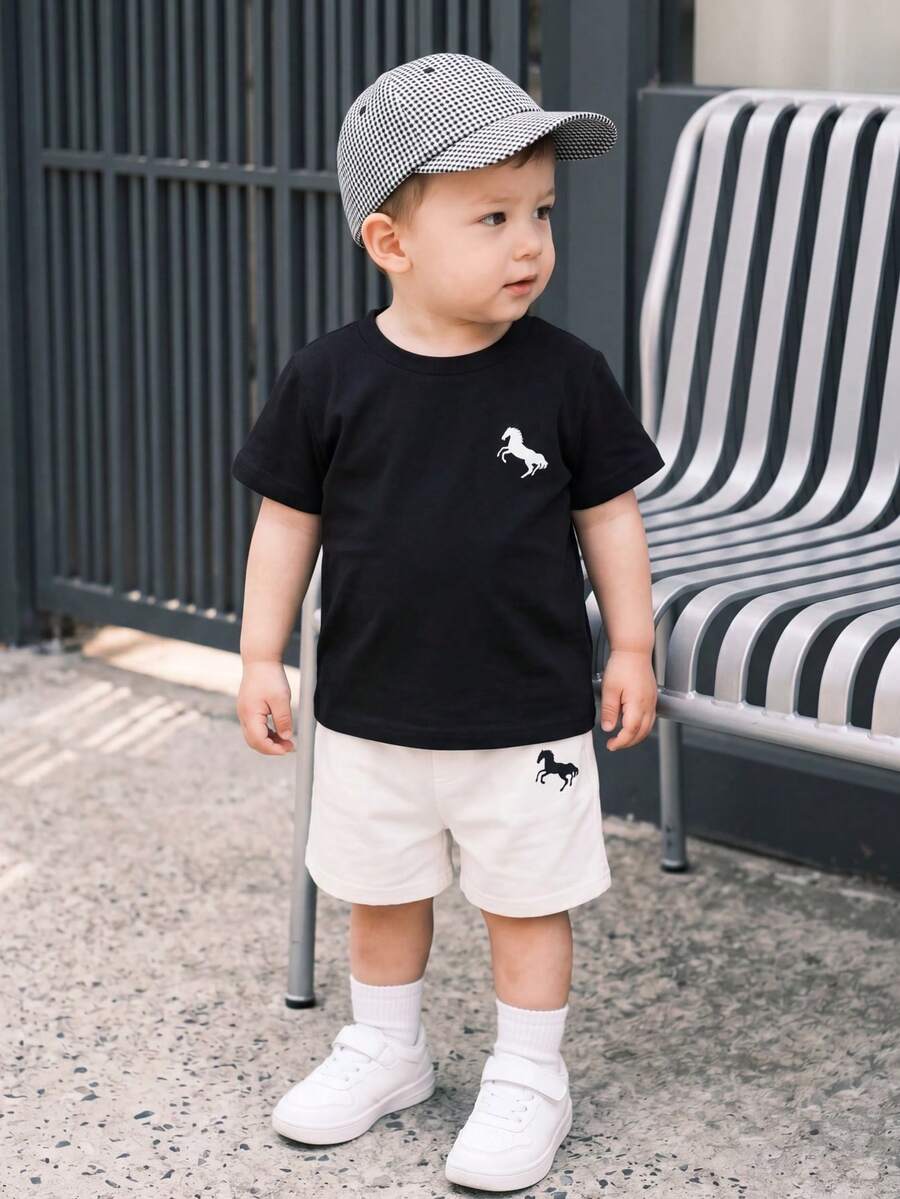 Infant Toddler Boys' Summer Outfit: Striped Waffle Tee and Letter Patch Shorts