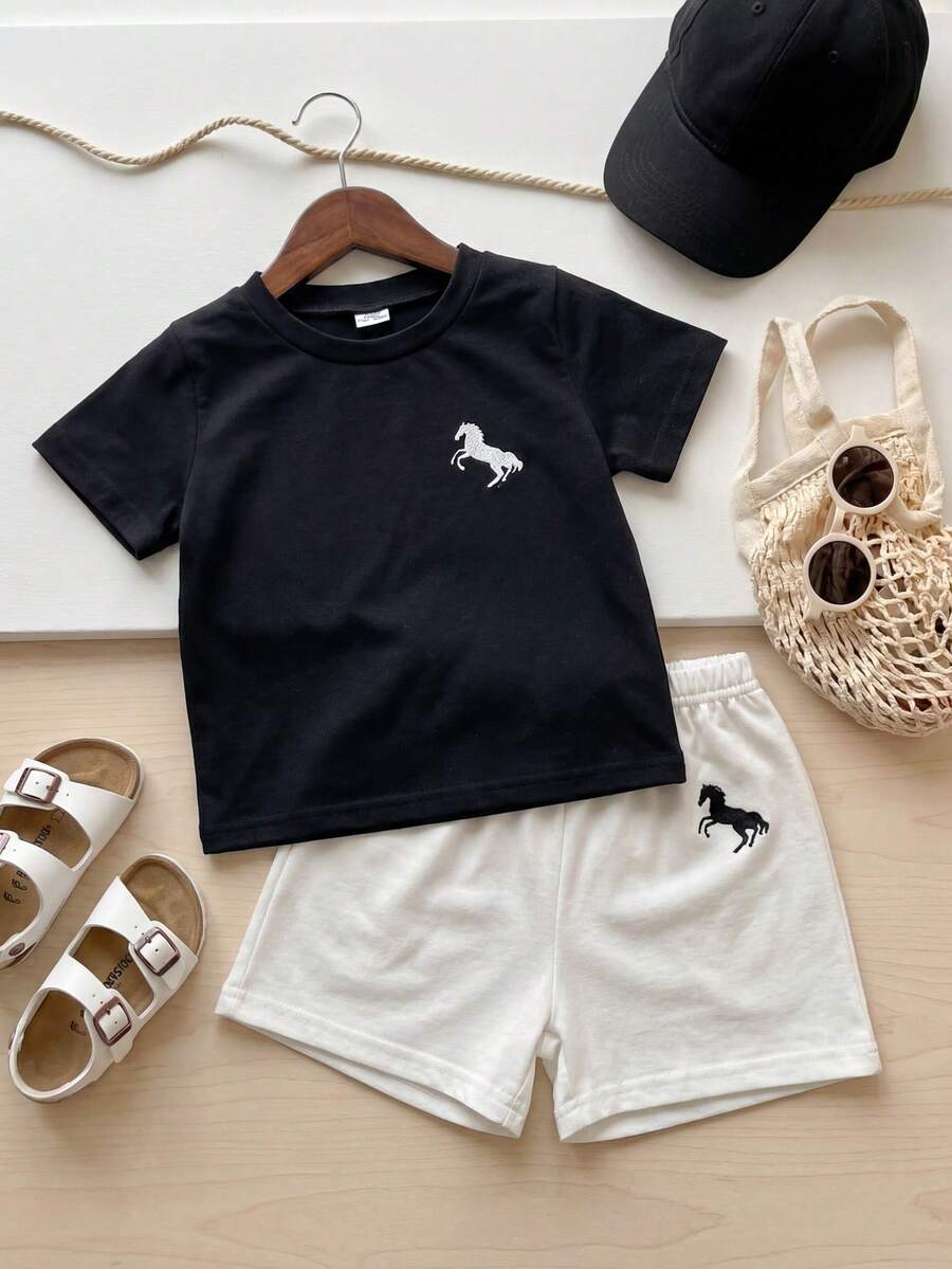 Infant Toddler Boys' Summer Outfit: Striped Waffle Tee and Letter Patch Shorts