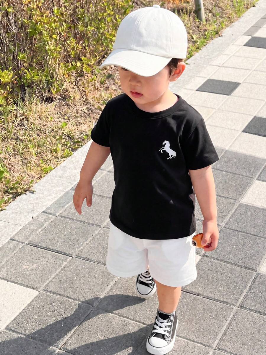 Infant Toddler Boys' Summer Outfit: Striped Waffle Tee and Letter Patch Shorts
