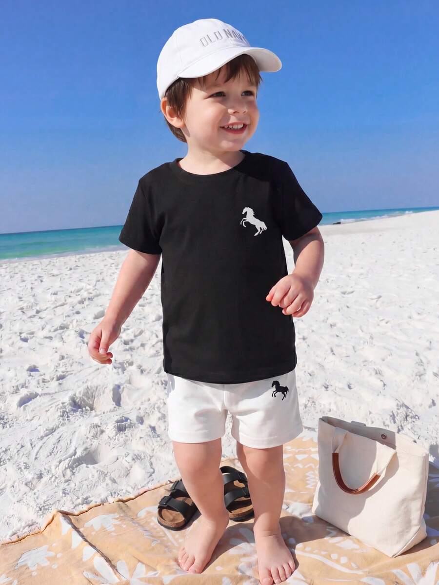 Infant Toddler Boys' Summer Outfit: Striped Waffle Tee and Letter Patch Shorts