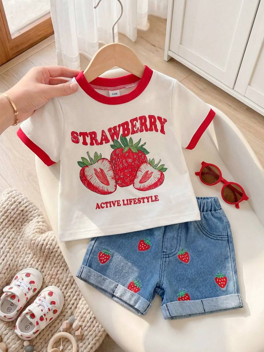 Cherry Print T-Shirt and Embroidery Pattern Contrast Shorts Set for Baby Girls