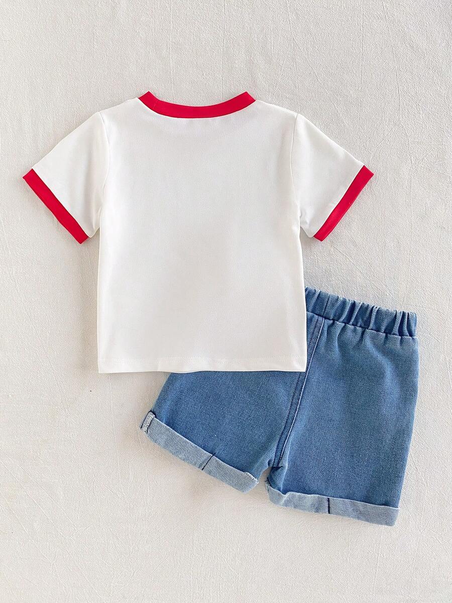 Cherry Print T-Shirt and Embroidery Pattern Contrast Shorts Set for Baby Girls