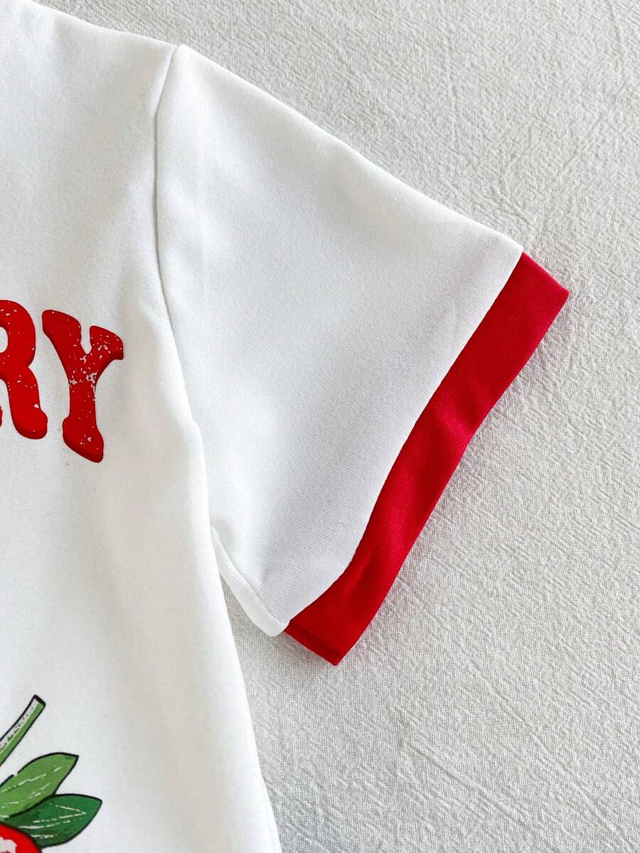 Cherry Print T-Shirt and Embroidery Pattern Contrast Shorts Set for Baby Girls