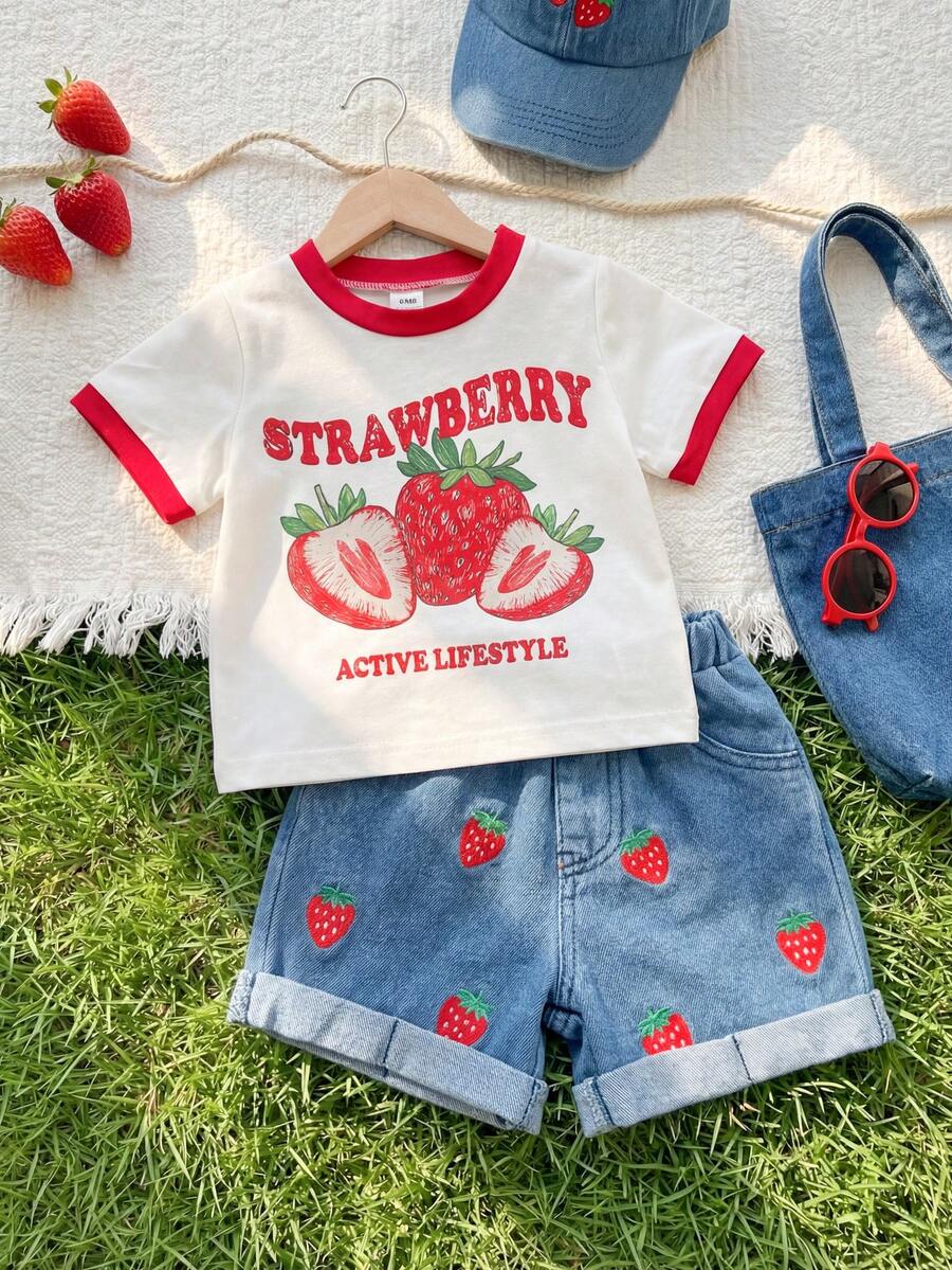 Cherry Print T-Shirt and Embroidery Pattern Contrast Shorts Set for Baby Girls