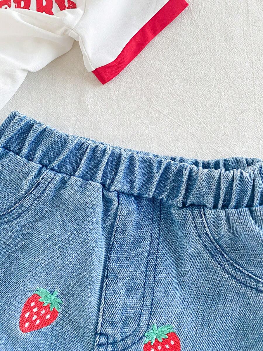 Cherry Print T-Shirt and Embroidery Pattern Contrast Shorts Set for Baby Girls
