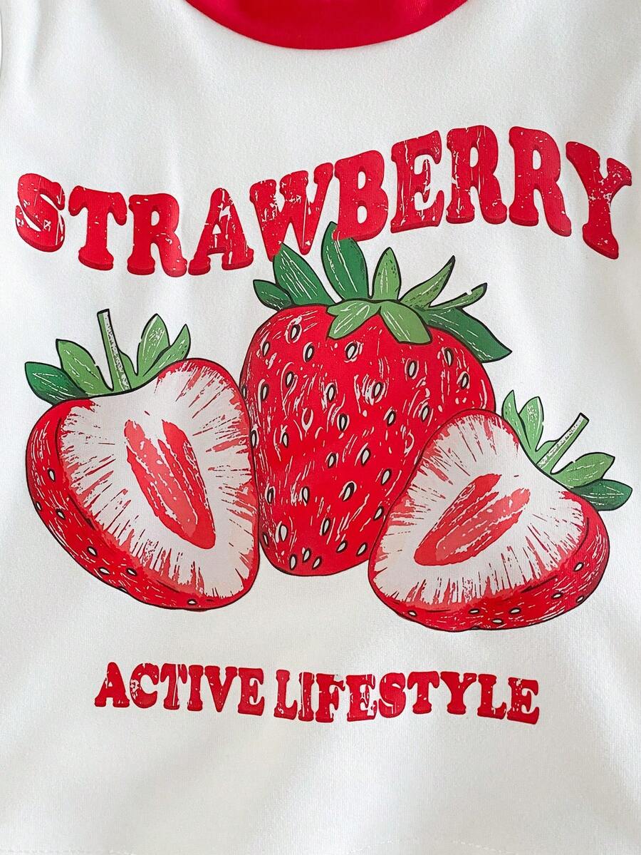 Cherry Print T-Shirt and Embroidery Pattern Contrast Shorts Set for Baby Girls
