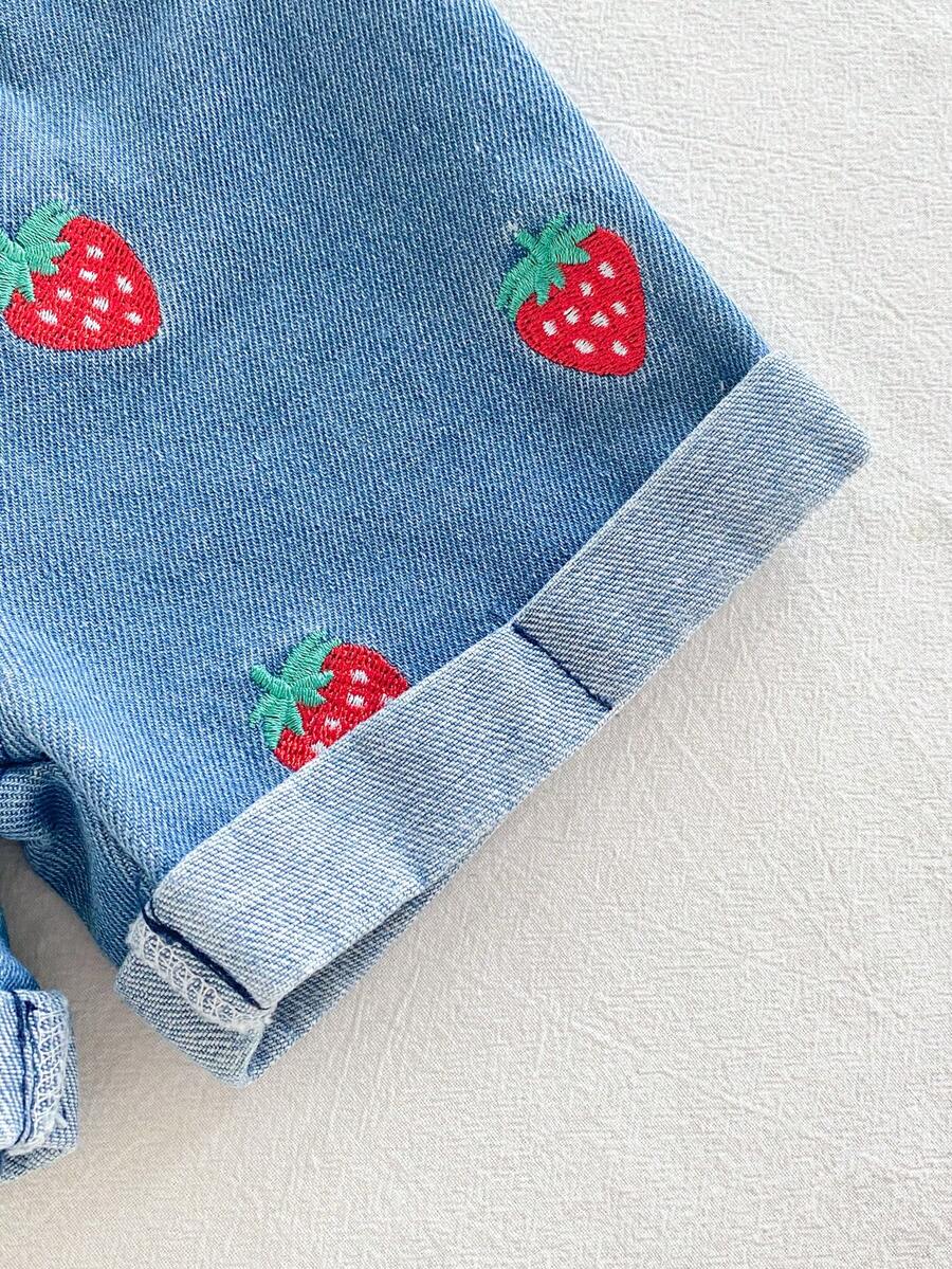 Cherry Print T-Shirt and Embroidery Pattern Contrast Shorts Set for Baby Girls