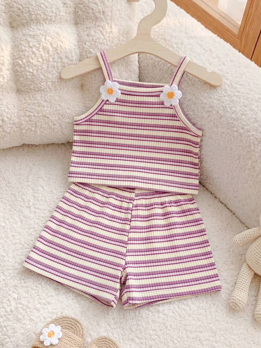 Striped Knit Camisole And Shorts Set For Baby Girls Summer Vacation Wear