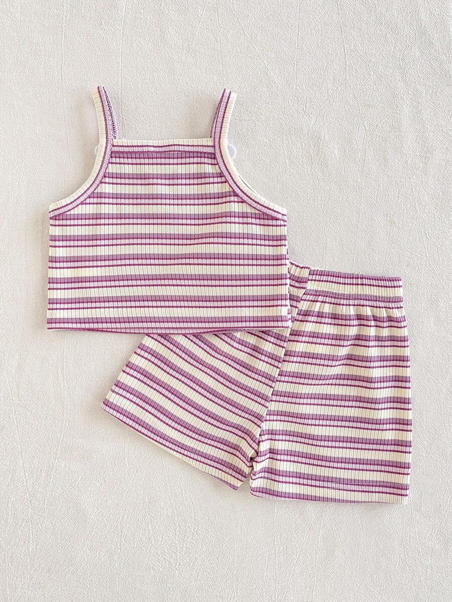 Striped Knit Camisole And Shorts Set For Baby Girls Summer Vacation Wear