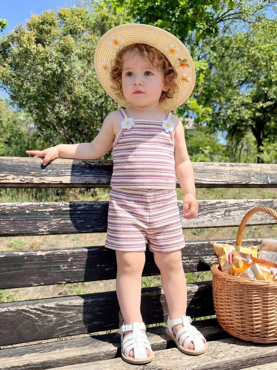 Striped Knit Camisole And Shorts Set For Baby Girls Summer Vacation Wear