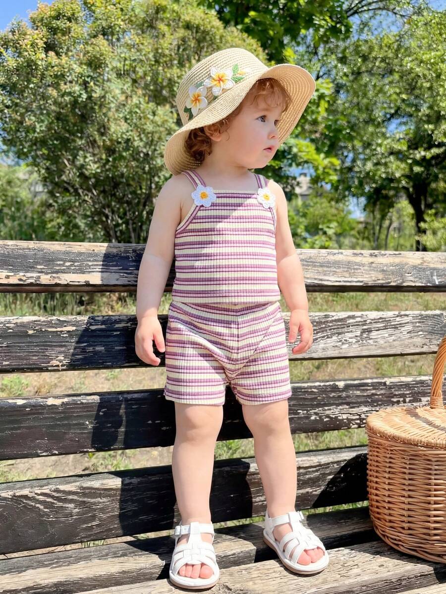 Striped Knit Camisole And Shorts Set For Baby Girls Summer Vacation Wear