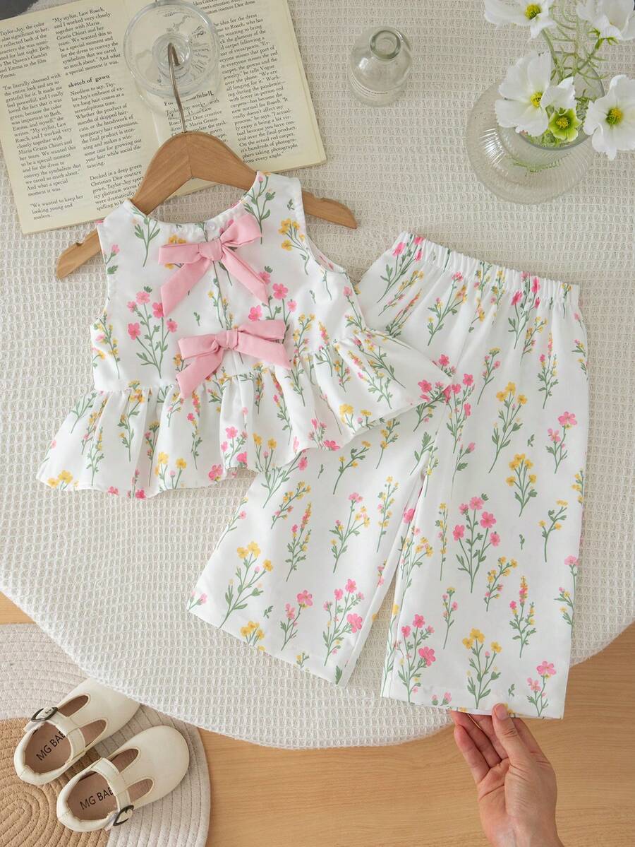 Casual Summer Pants Outfit For Kids Girls Ditsy Floral Fashion Wear