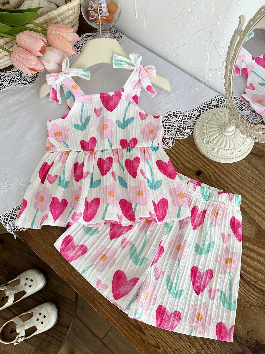 Vacation Ready Striped Shorts Set For Baby Girls With Bow Detail Camisole