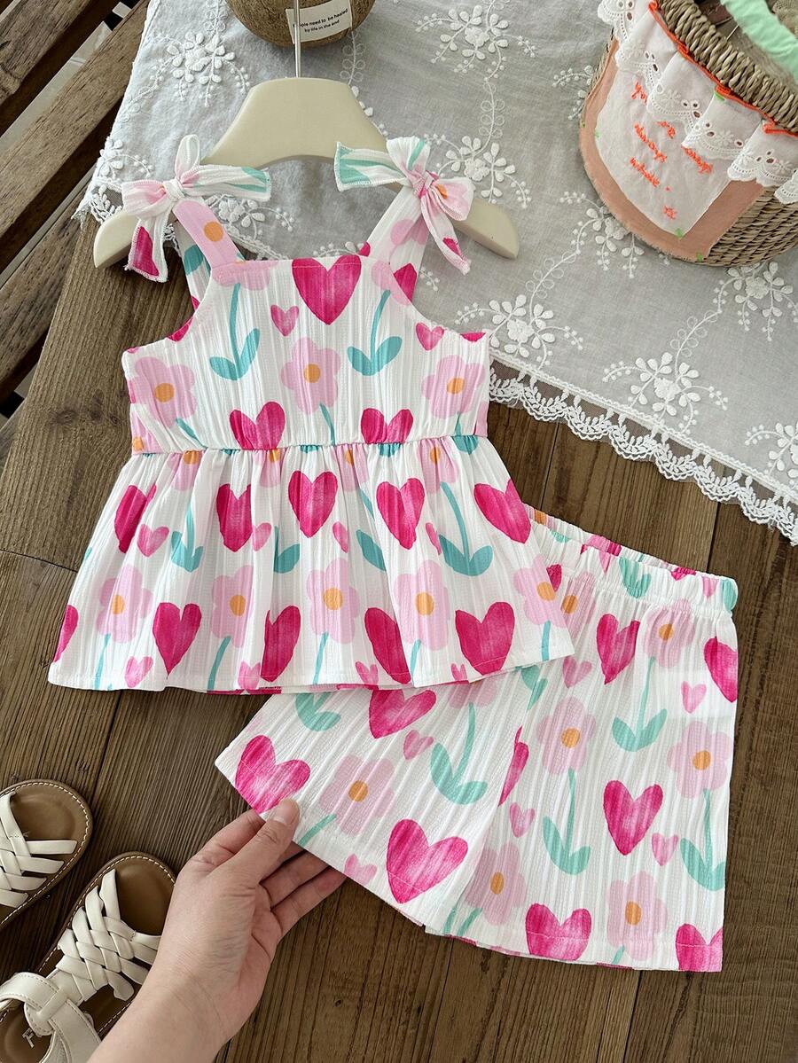 Vacation Ready Striped Shorts Set For Baby Girls With Bow Detail Camisole