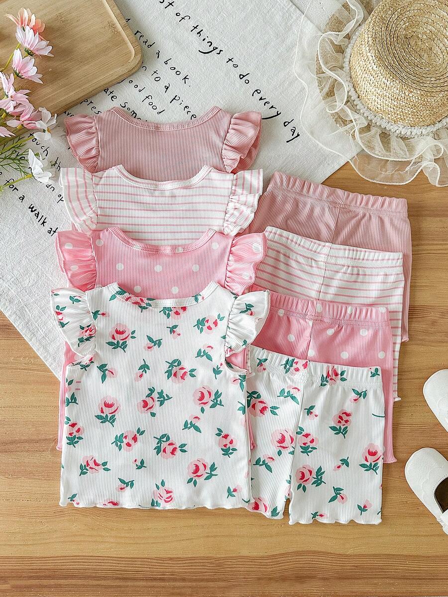 8-Piece Multi-Color Ribbed Short Sleeve Top and Shorts Set for Baby Girls
