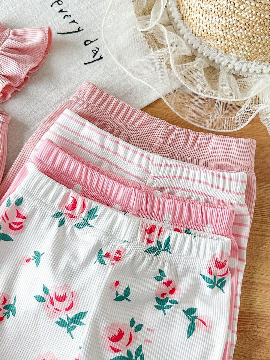 8-Piece Multi-Color Ribbed Short Sleeve Top and Shorts Set for Baby Girls