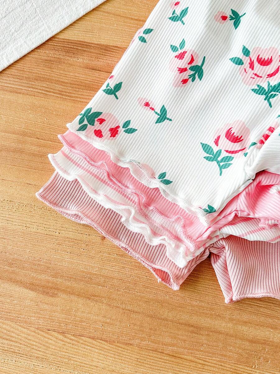 8-Piece Multi-Color Ribbed Short Sleeve Top and Shorts Set for Baby Girls