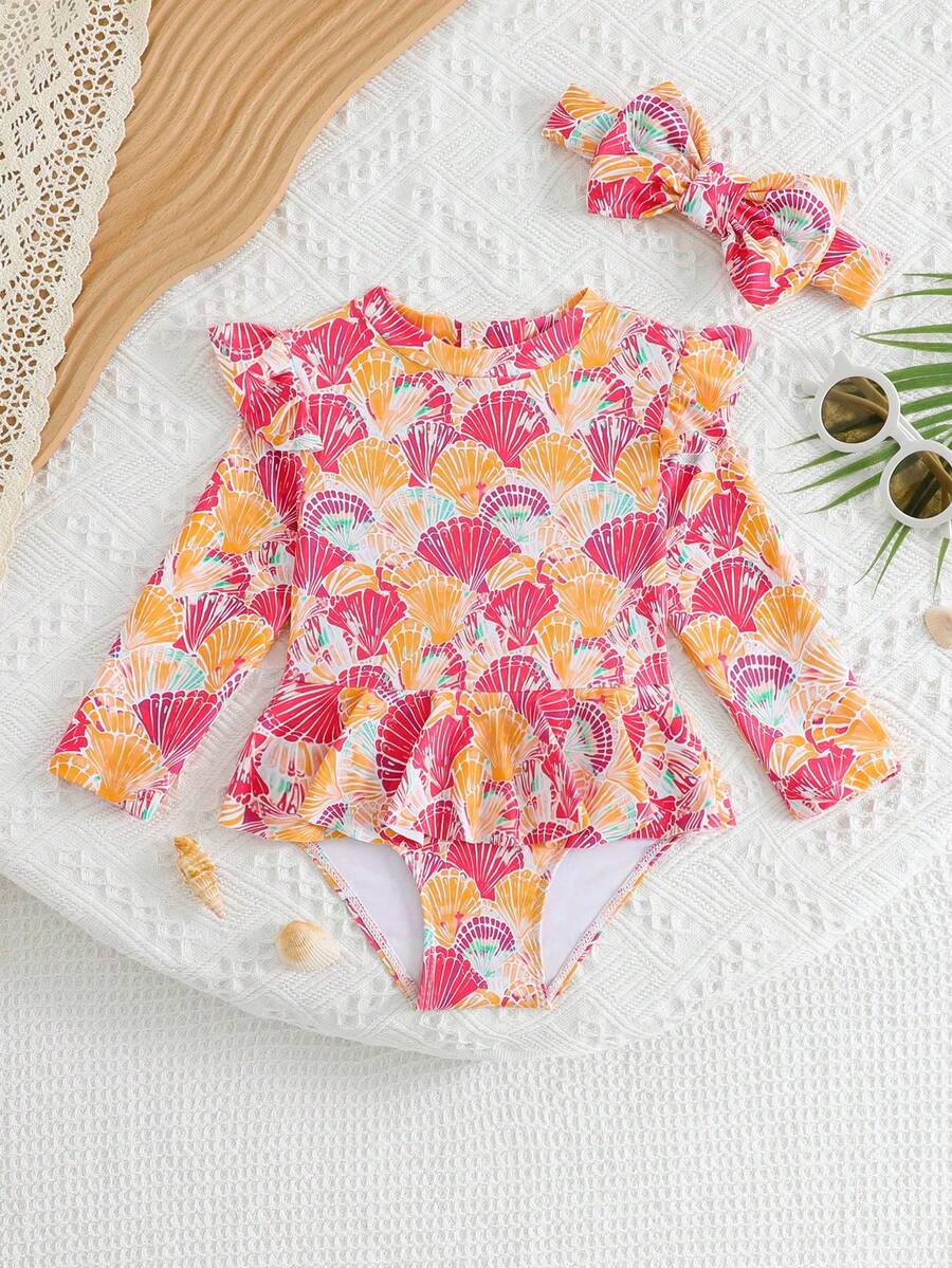 Little Girls Floral Ruffle Swimwear And Matching Headband Summer Vacation Outfit