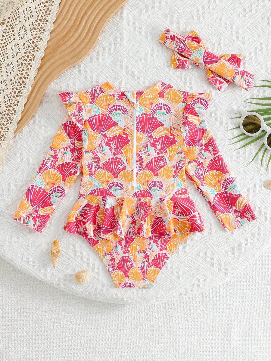 Little Girls Floral Ruffle Swimwear And Matching Headband Summer Vacation Outfit