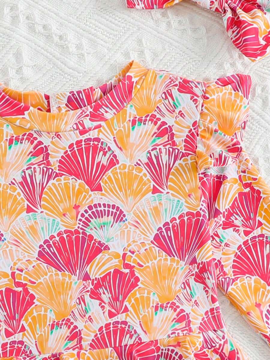 Little Girls Floral Ruffle Swimwear And Matching Headband Summer Vacation Outfit