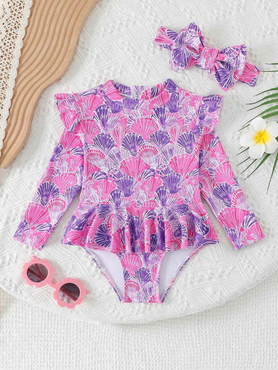 Little Girls Floral Ruffle Swimwear And Matching Headband Summer Vacation Outfit