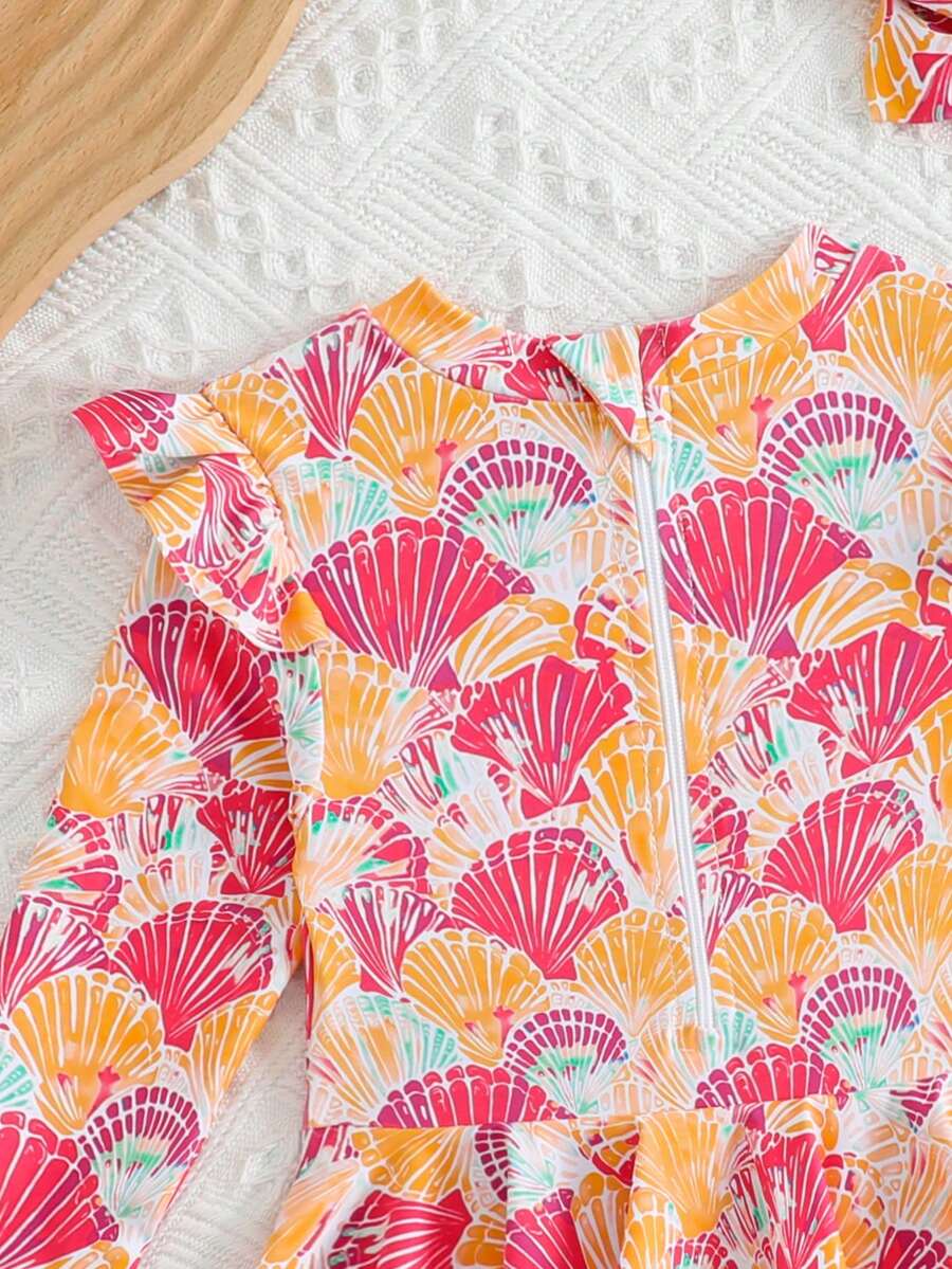 Little Girls Floral Ruffle Swimwear And Matching Headband Summer Vacation Outfit