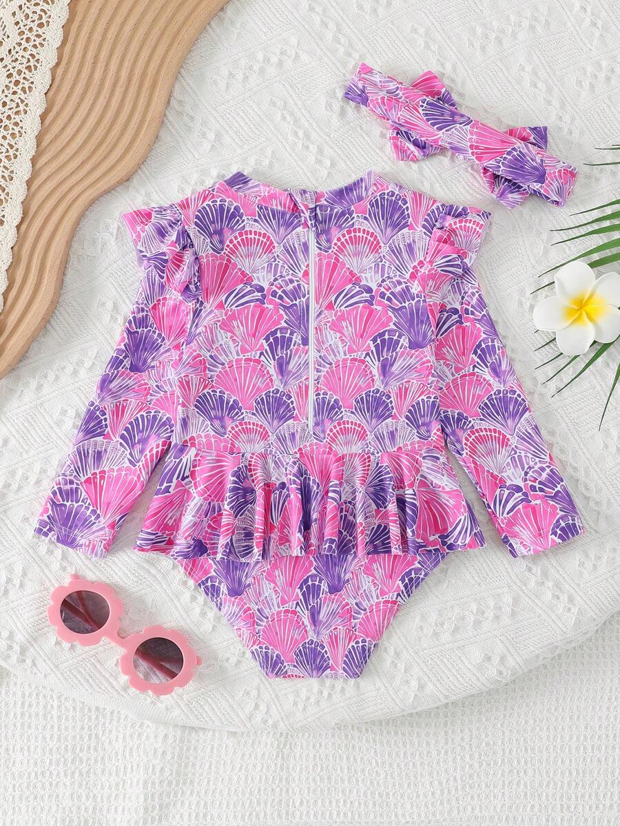 Little Girls Floral Ruffle Swimwear And Matching Headband Summer Vacation Outfit