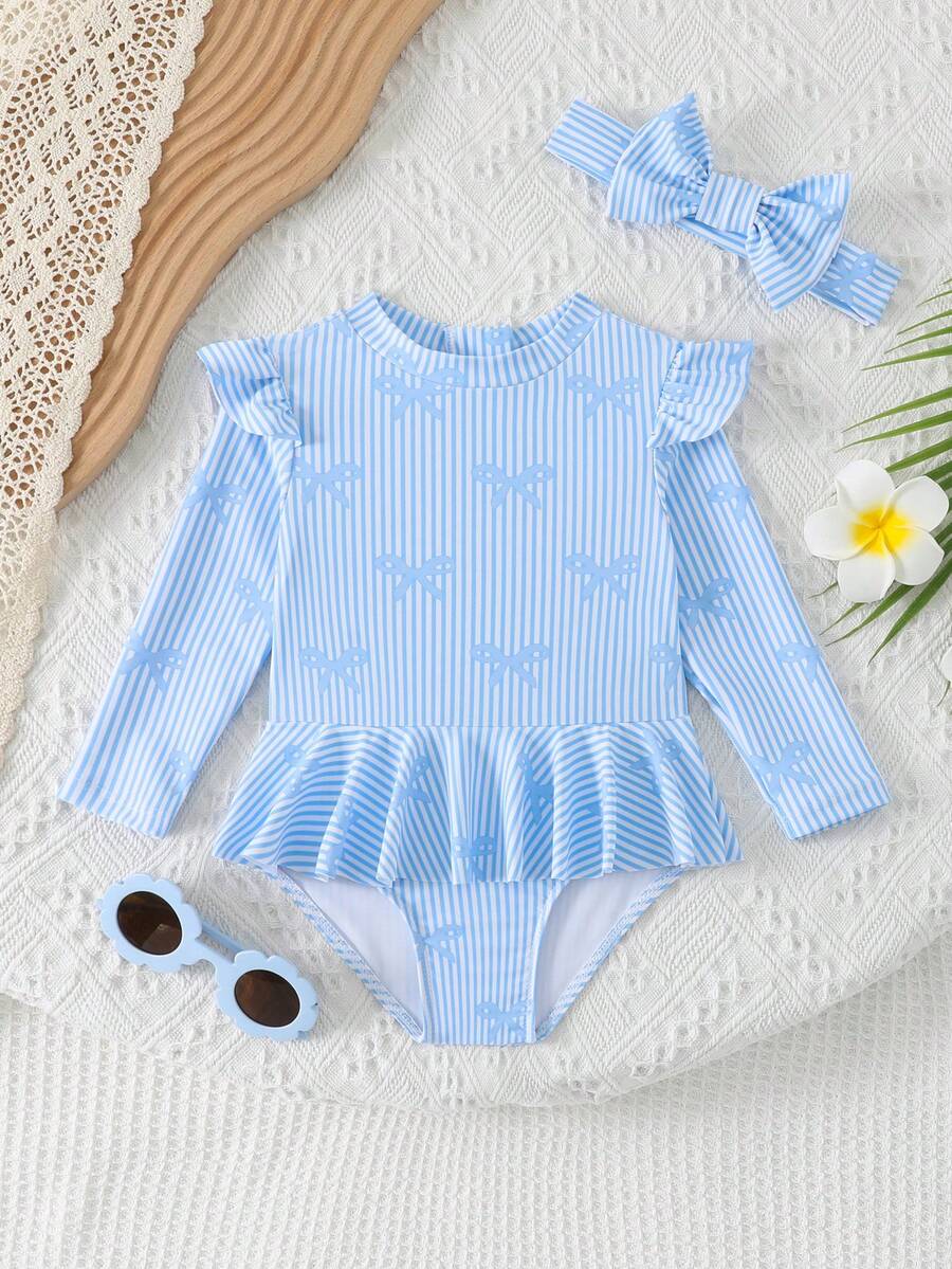 Little Girls Floral Ruffle Swimwear And Matching Headband Summer Vacation Outfit