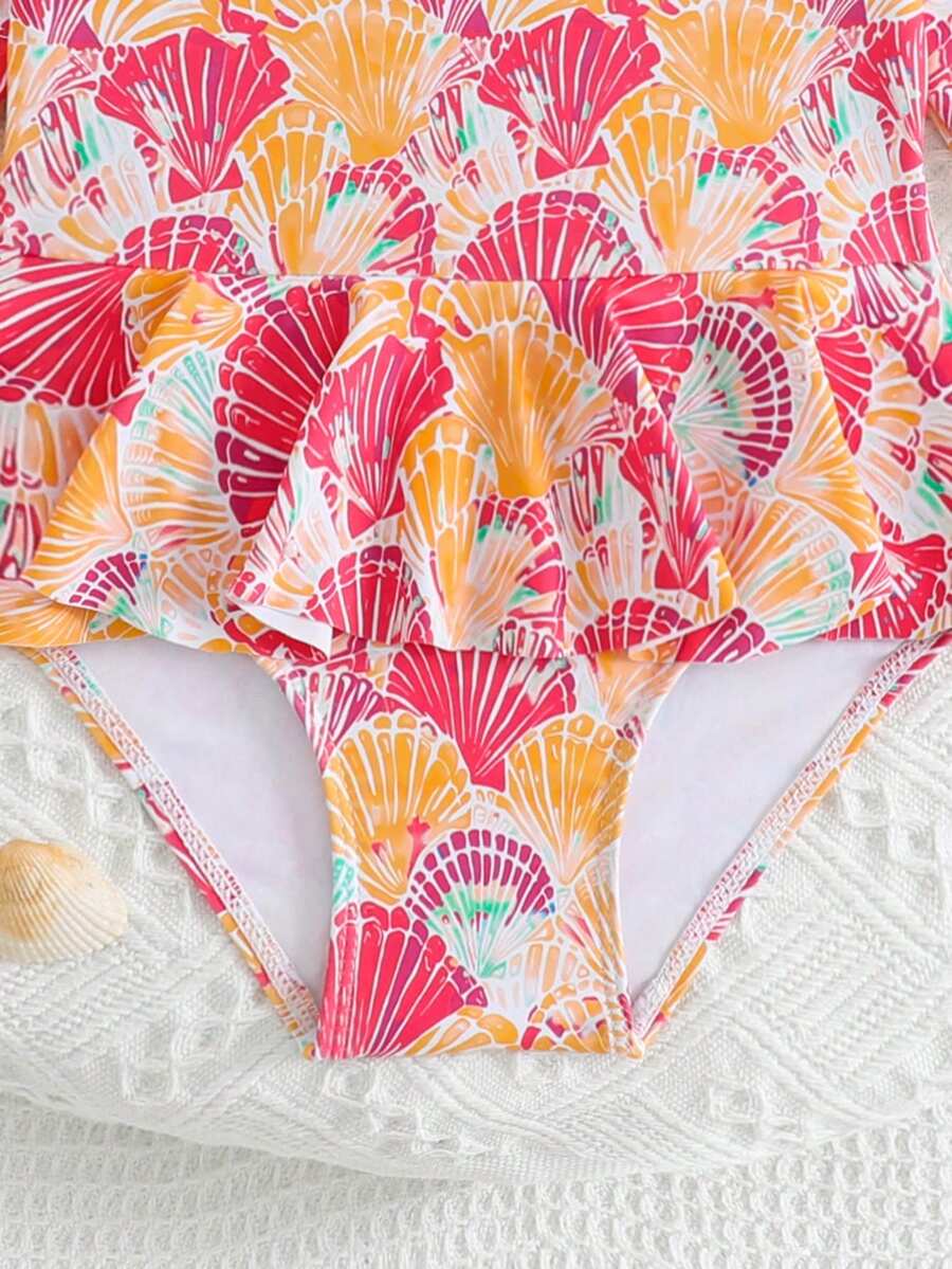 Little Girls Floral Ruffle Swimwear And Matching Headband Summer Vacation Outfit