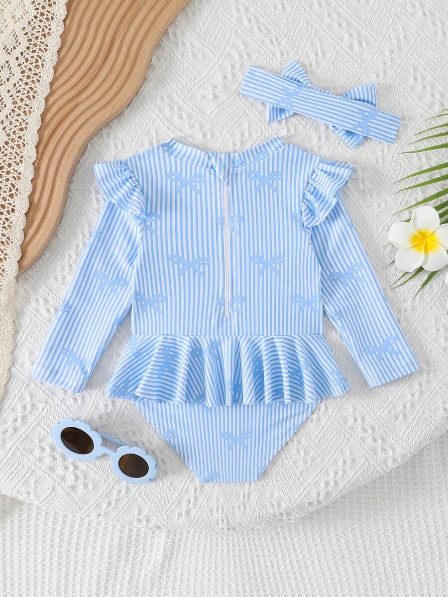 Little Girls Floral Ruffle Swimwear And Matching Headband Summer Vacation Outfit