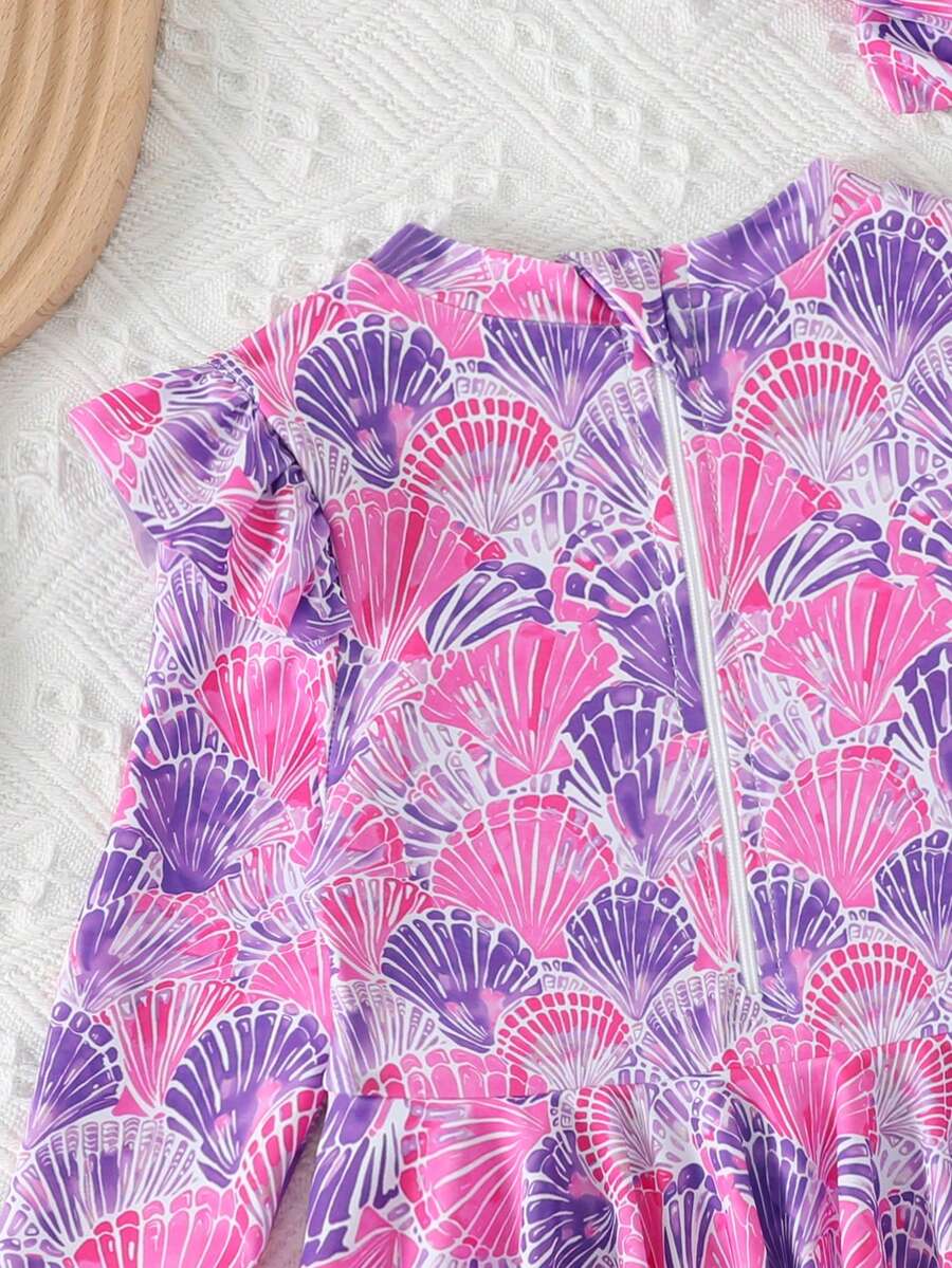 Little Girls Floral Ruffle Swimwear And Matching Headband Summer Vacation Outfit