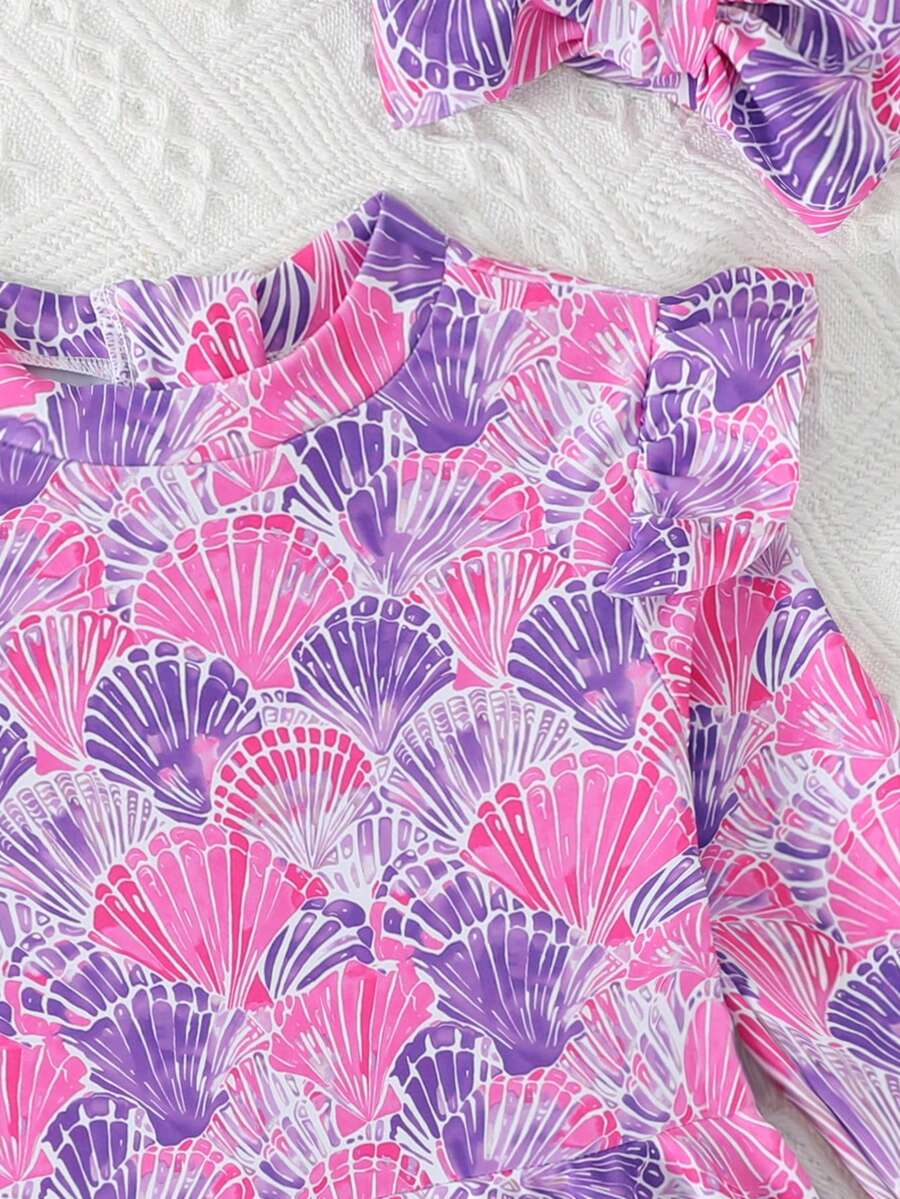 Little Girls Floral Ruffle Swimwear And Matching Headband Summer Vacation Outfit