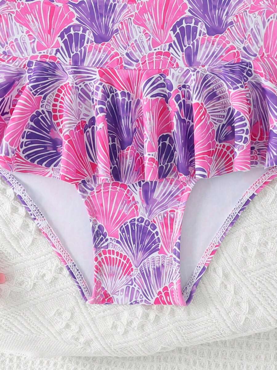 Little Girls Floral Ruffle Swimwear And Matching Headband Summer Vacation Outfit