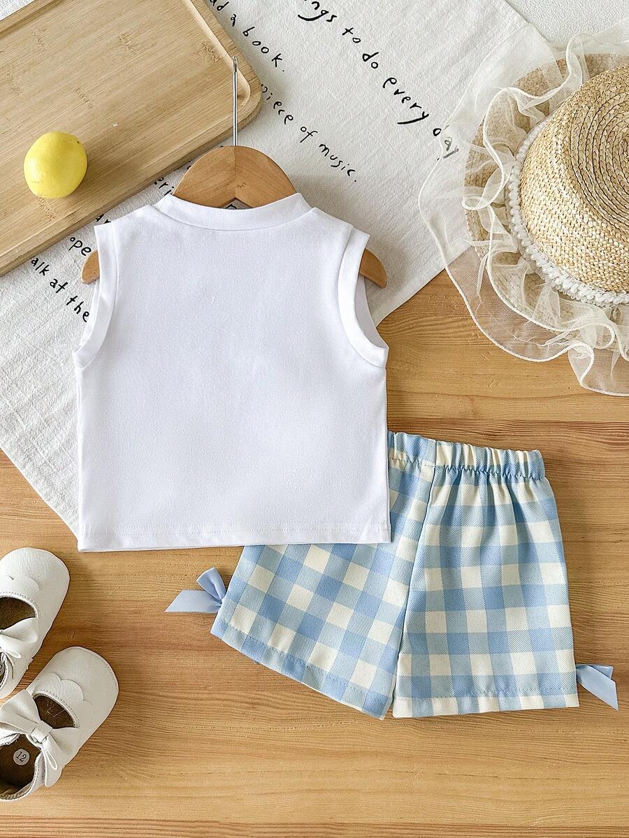 Baby Girl 2pcs Summer Blue Textured Top & Plaid Shorts Outfit