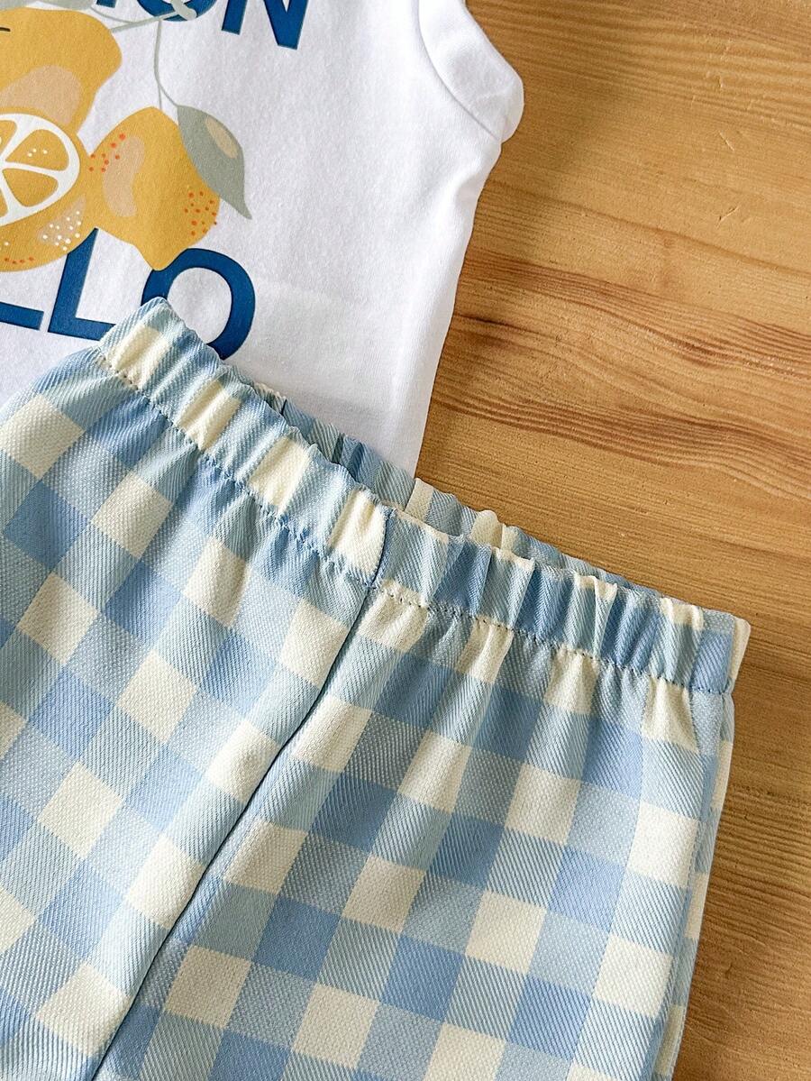 Baby Girl 2pcs Summer Blue Textured Top & Plaid Shorts Outfit