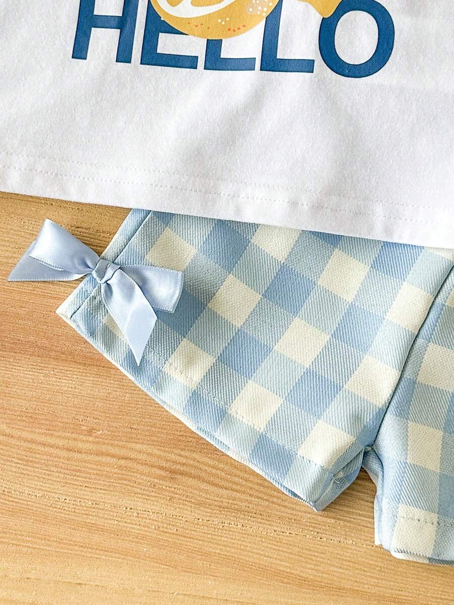 Baby Girl 2pcs Summer Blue Textured Top & Plaid Shorts Outfit