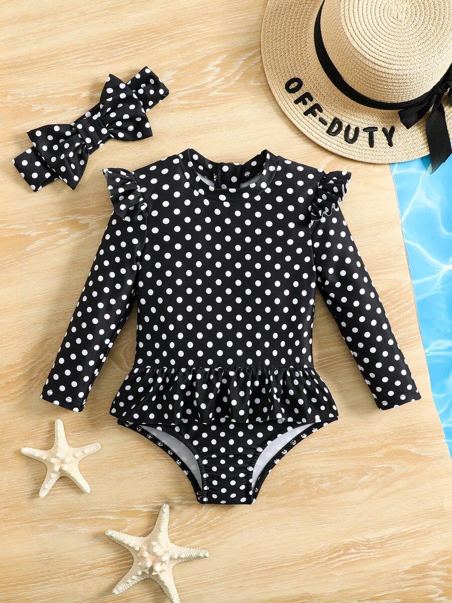 Little Girls Floral Ruffle Swimwear And Matching Headband Summer Vacation Outfit