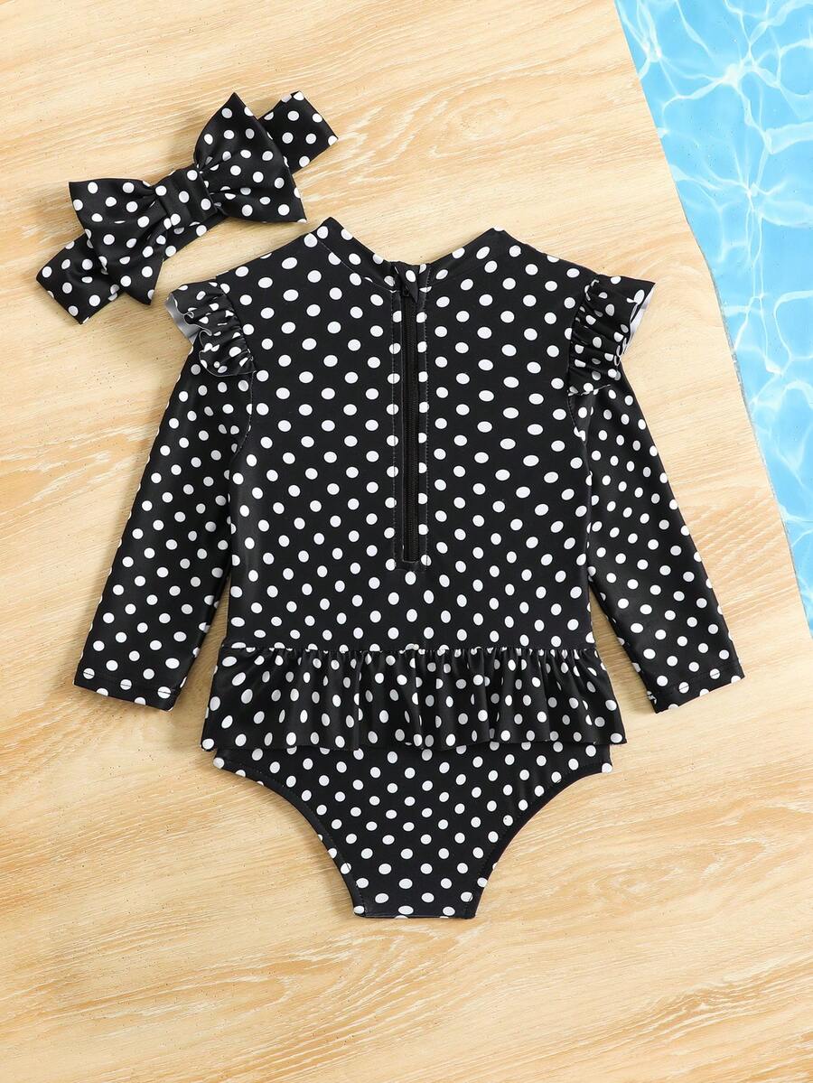 Little Girls Floral Ruffle Swimwear And Matching Headband Summer Vacation Outfit