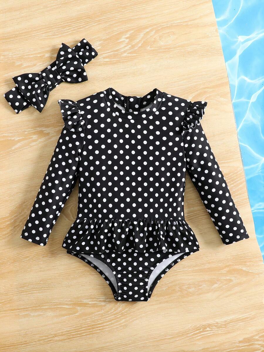 Little Girls Floral Ruffle Swimwear And Matching Headband Summer Vacation Outfit