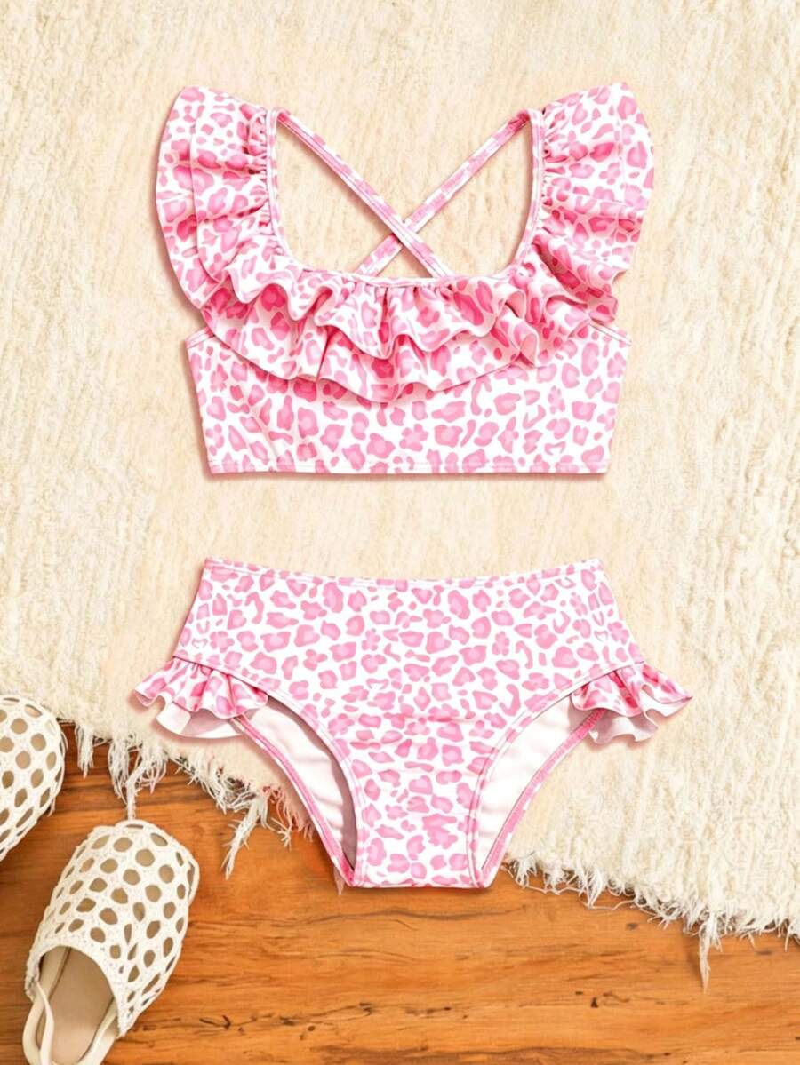 Baby Girls Leopard Print Bikini Set With Ruffle Trim Cute Summer Swimwear