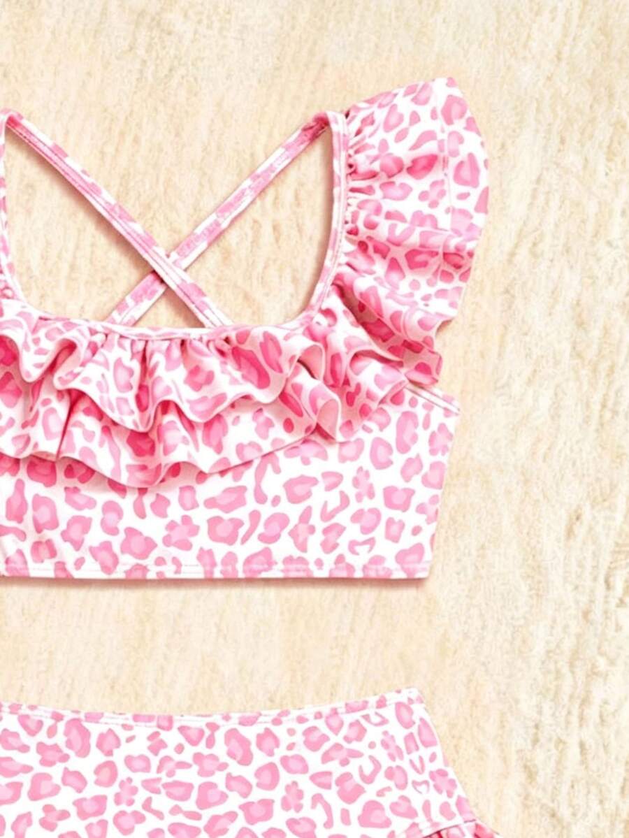 Baby Girls Leopard Print Bikini Set With Ruffle Trim Cute Summer Swimwear