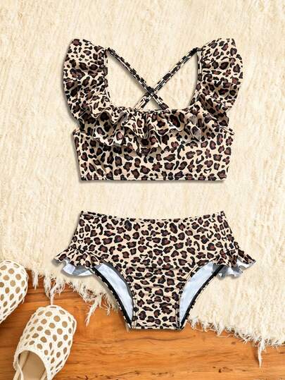 Baby Girls Leopard Print Bikini Set With Ruffle Trim Cute Summer Swimwear