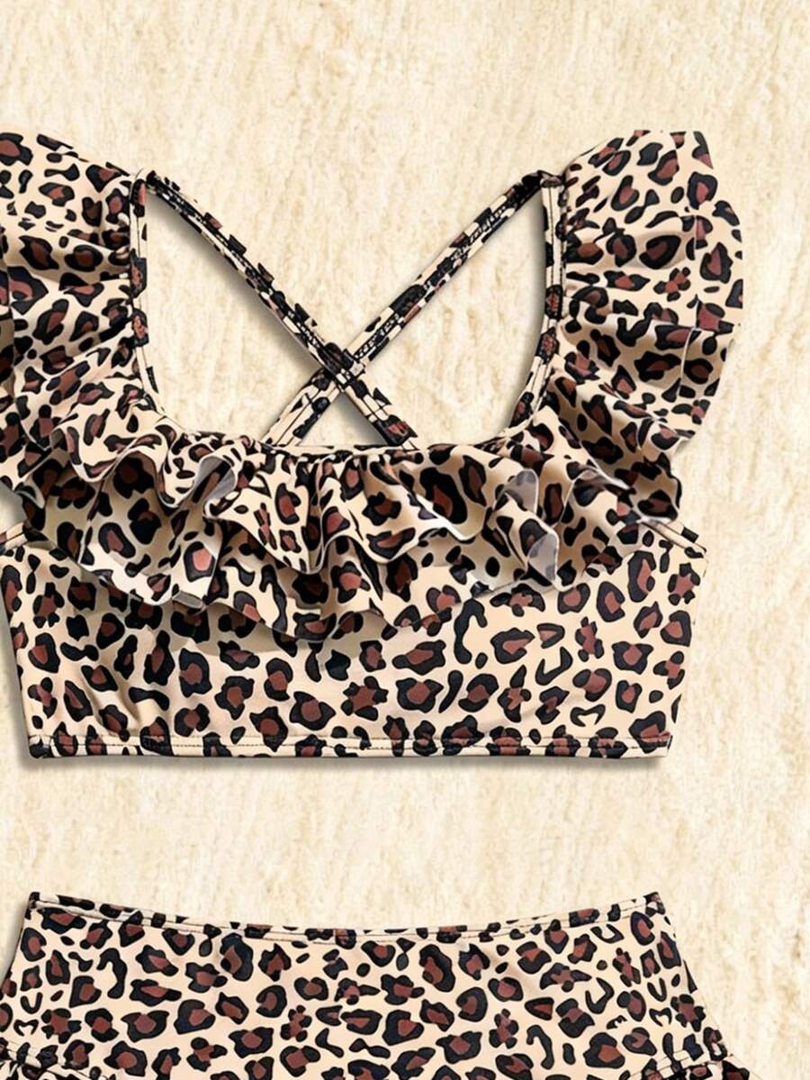 Baby Girls Leopard Print Bikini Set With Ruffle Trim Cute Summer Swimwear