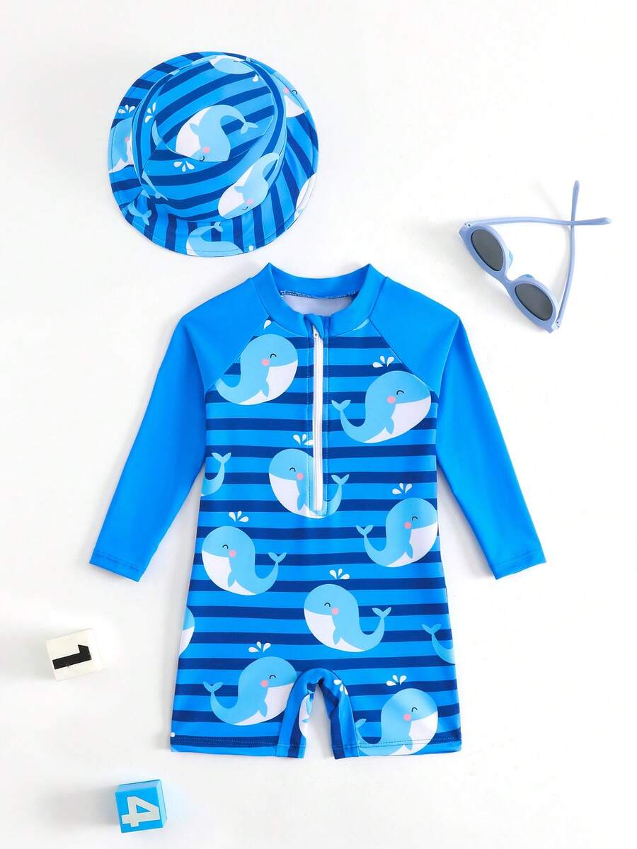 Baby Shark & Whale Print Long Sleeve Zipper Rash Guard Swimsuit with Matching Hat